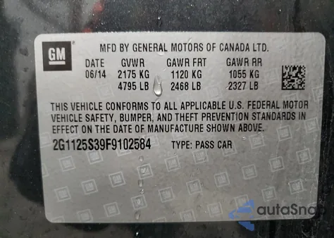 2015 Chevrolet Impala Lt z USA, uszkodzony, nr VIN 2G1125S39F9102584